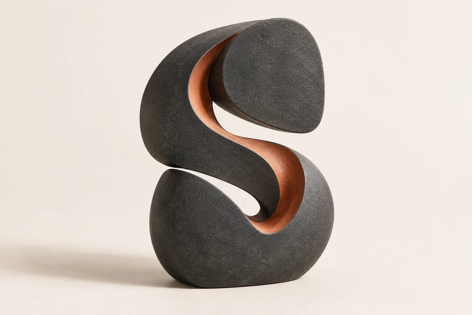 Original Selfsway brand sculpture in graphite with an open S-shaped cut and a terracotta inner edge